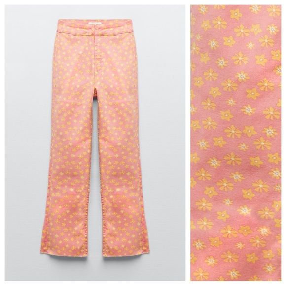 NWT. Zara Pink/Yellow Floral Print Flared Cropped Jeans. Size 4. - Picture 7 of 11